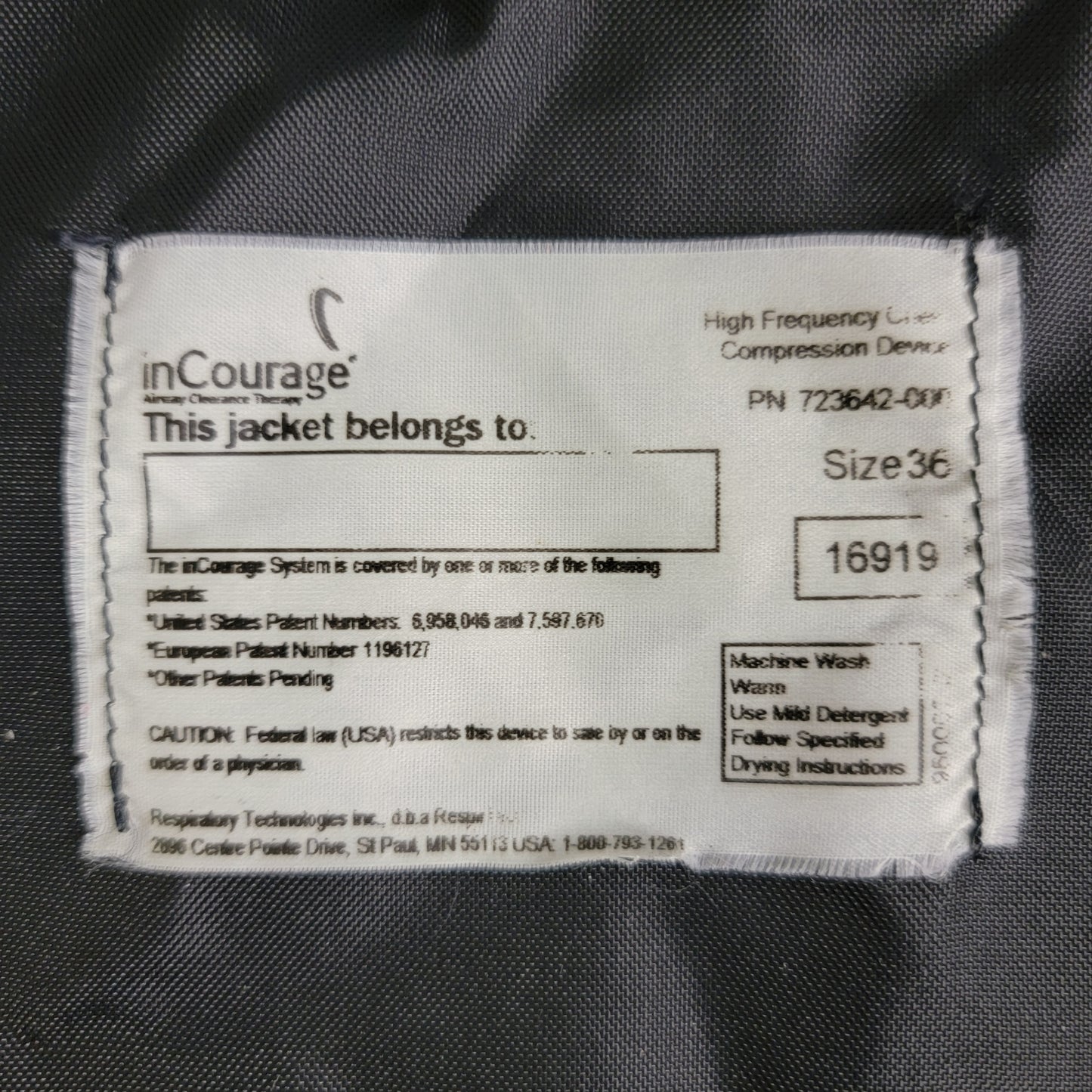 Philips Respirtech InCourage Size 36 Airway Clearance Therapy Vest 723642-000 - Used