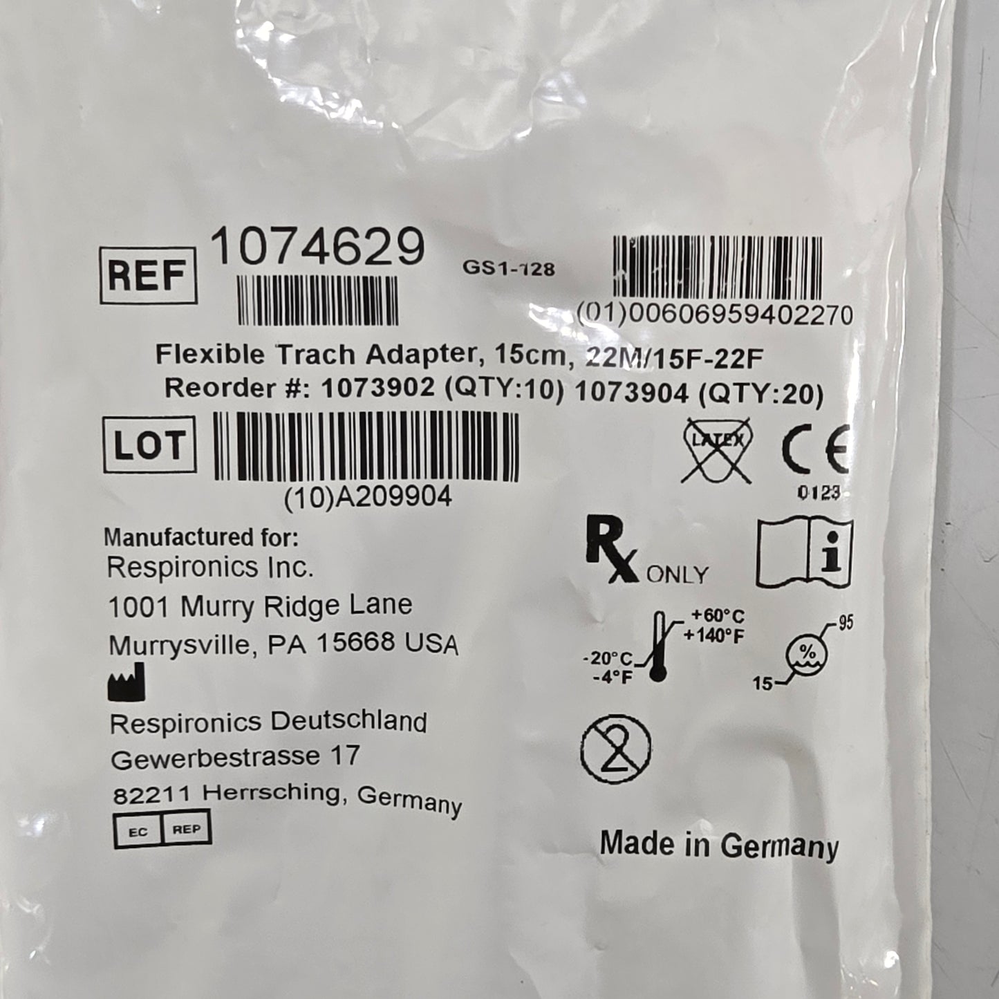 New Respironics Flexible Trach Adapter MPN 1074629 Tag