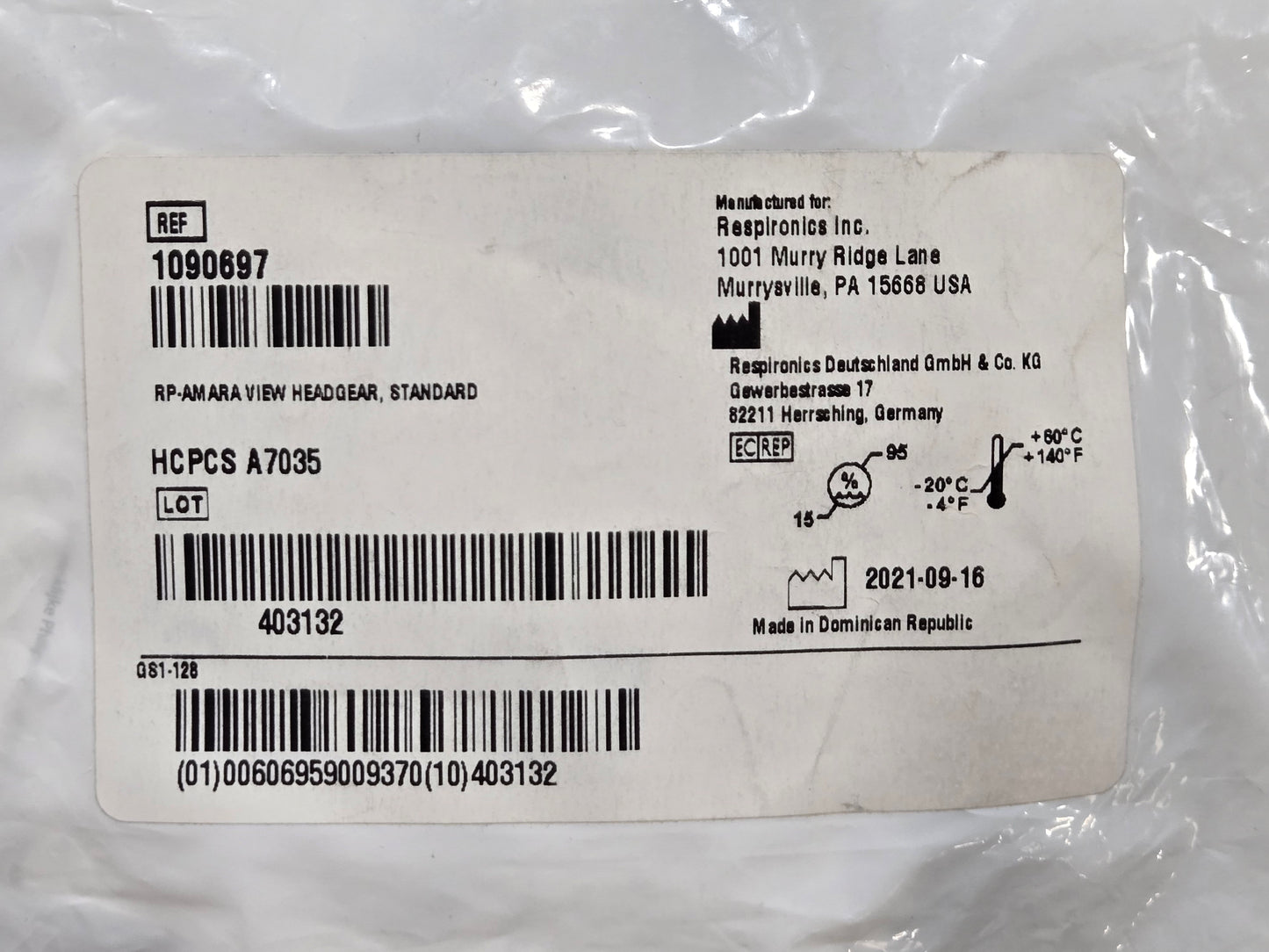 Respironics Amara View Headgear Standard 1090697 - New