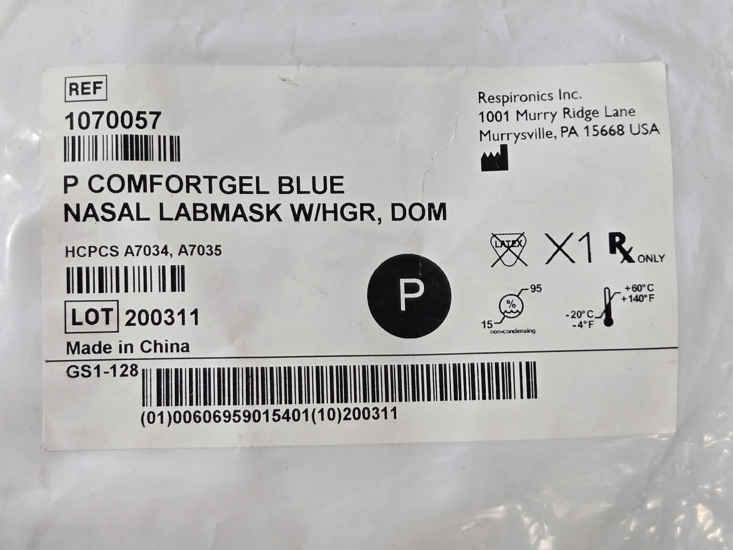 Respironics Comfortgel Blue Nasal mask with Headgear Petite 1070057 - New