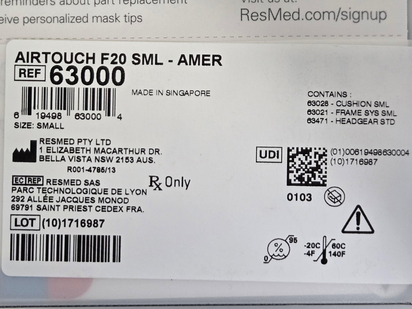 NEW ResMed AirTouch F20 Full Face CPAP Mask with Headgear 63000 - MBR Medicals
