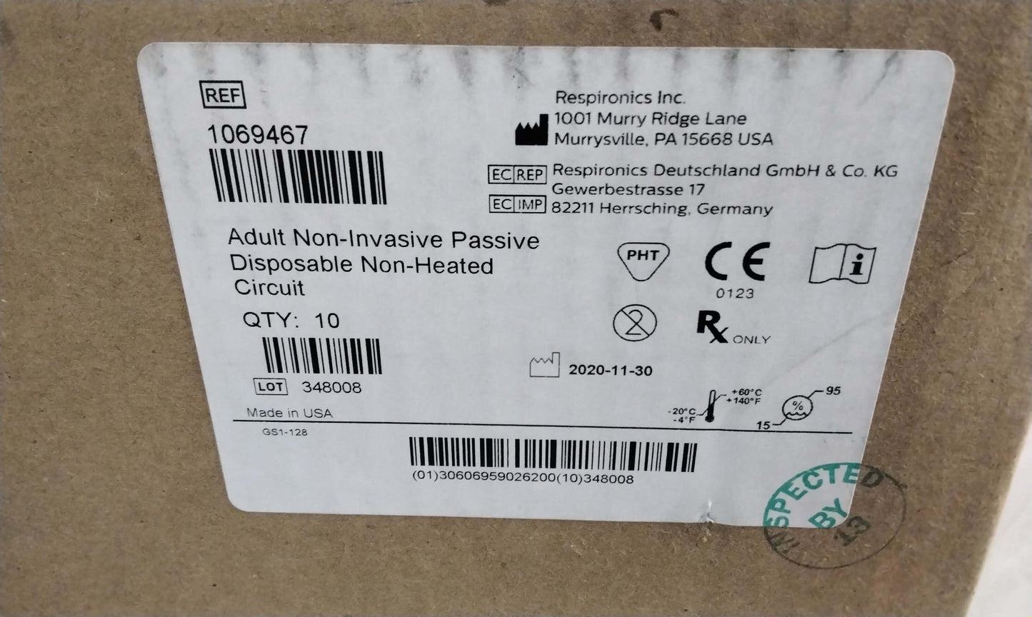 NEW 10PK Philips Respironics Adult Noninvasive Passive Disposable Non-Heated Wire Circuit 1069467 with Free Shipping - MBR Medicals