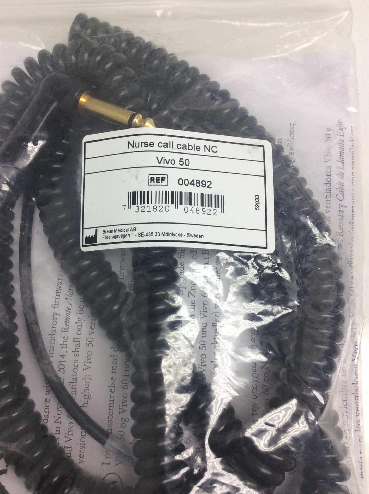 NEW Breas HDM Nurse Call Cable NC for Vivo 50 60 Ventilator 004892 Warranty FREE Shipping - MBR Medicals