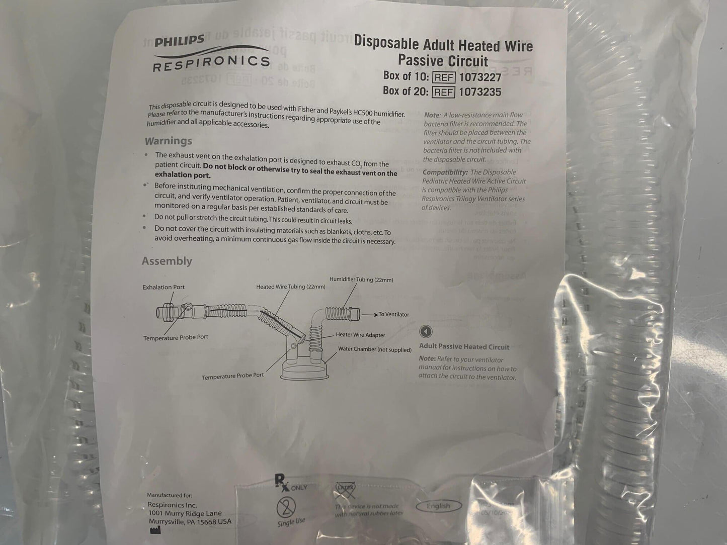 NEW Philips Respironics Disposable Adult Heated Passive Patient Circuit 1076046 FREE Shipping - MBR Medicals