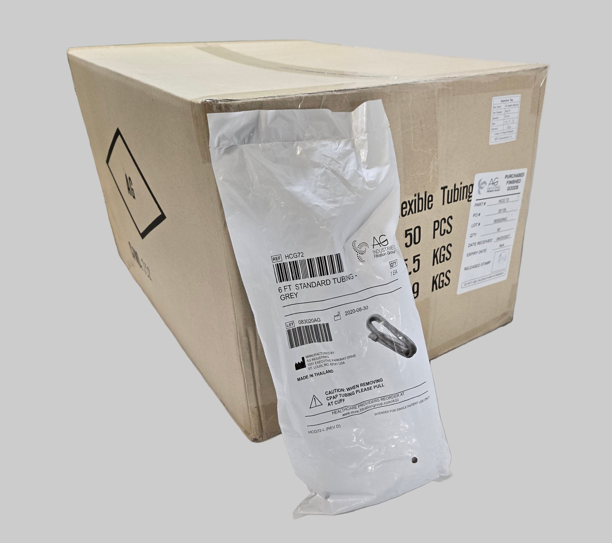 Case_of_50_AG_Industries_6_Flexible_CPAP_Standard_Tubing_Grey_MPN_HCG72_Box