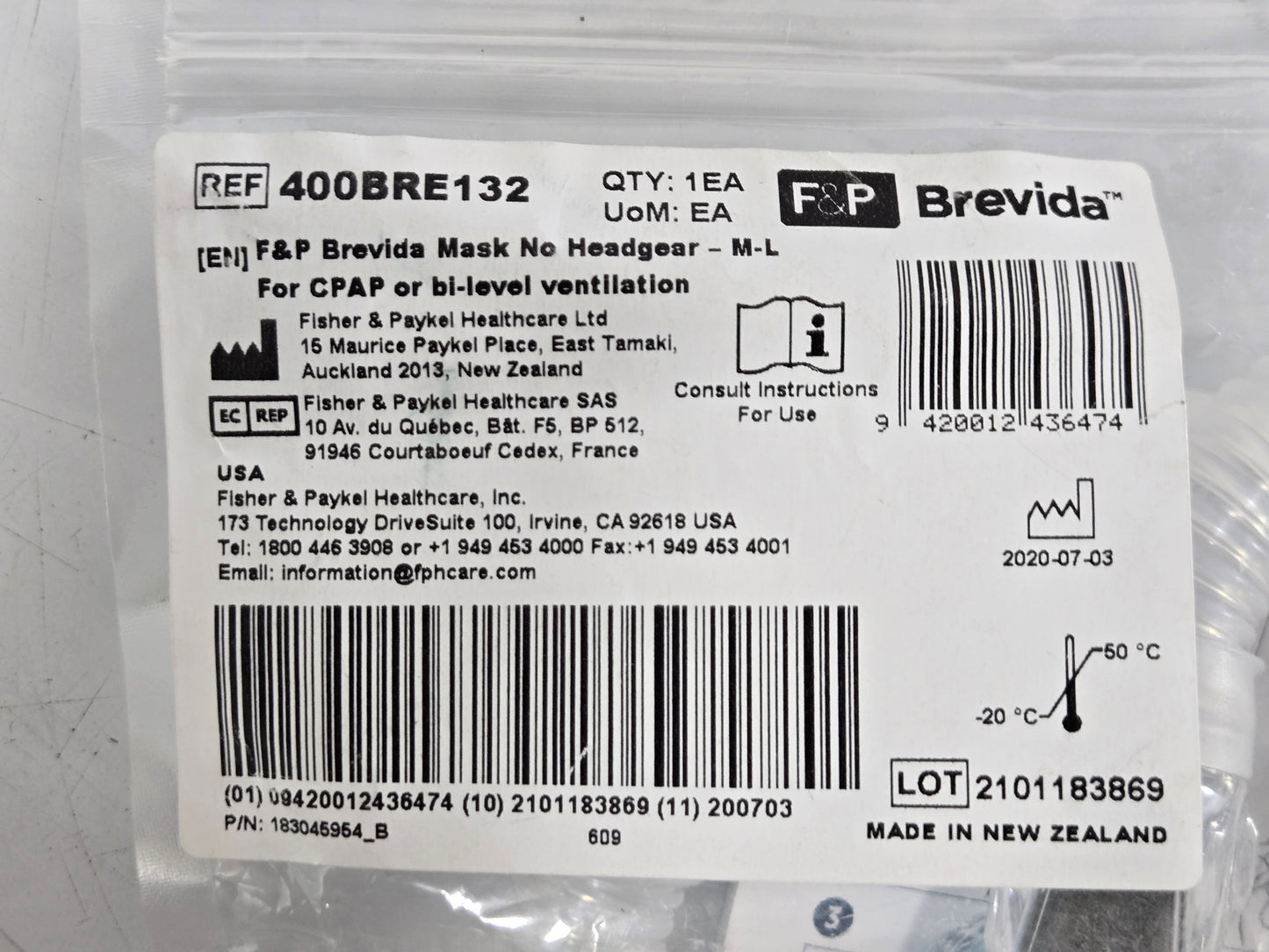 Fisher & Paykel Brevida Nasal Mask No Headgear M-L 400BRE132 - New