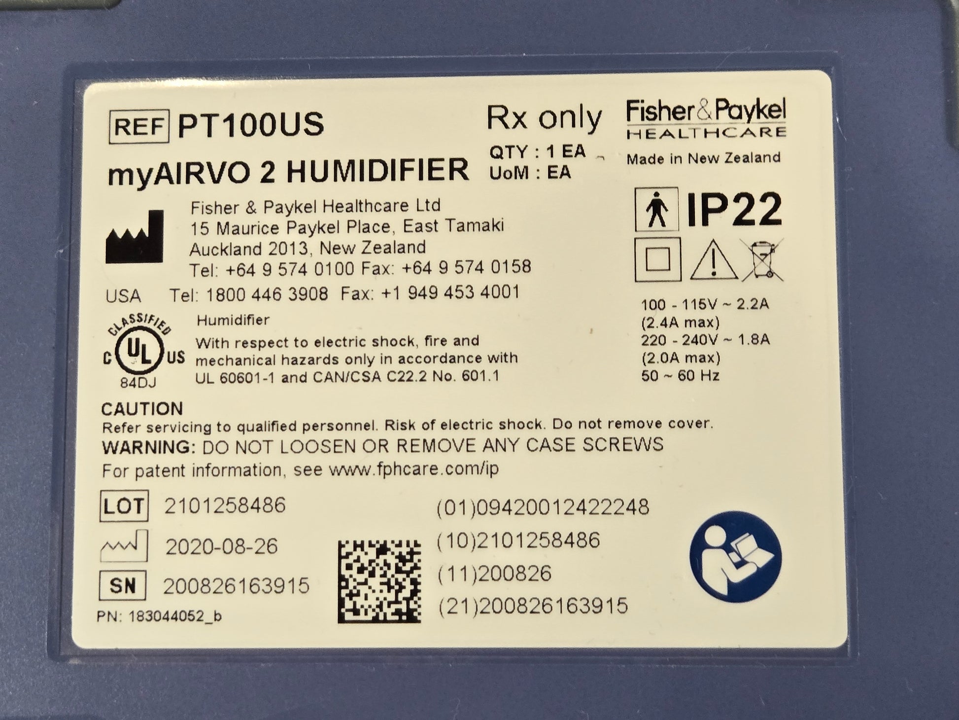 Fisher Paykel myAirvo2 PT100US Tag