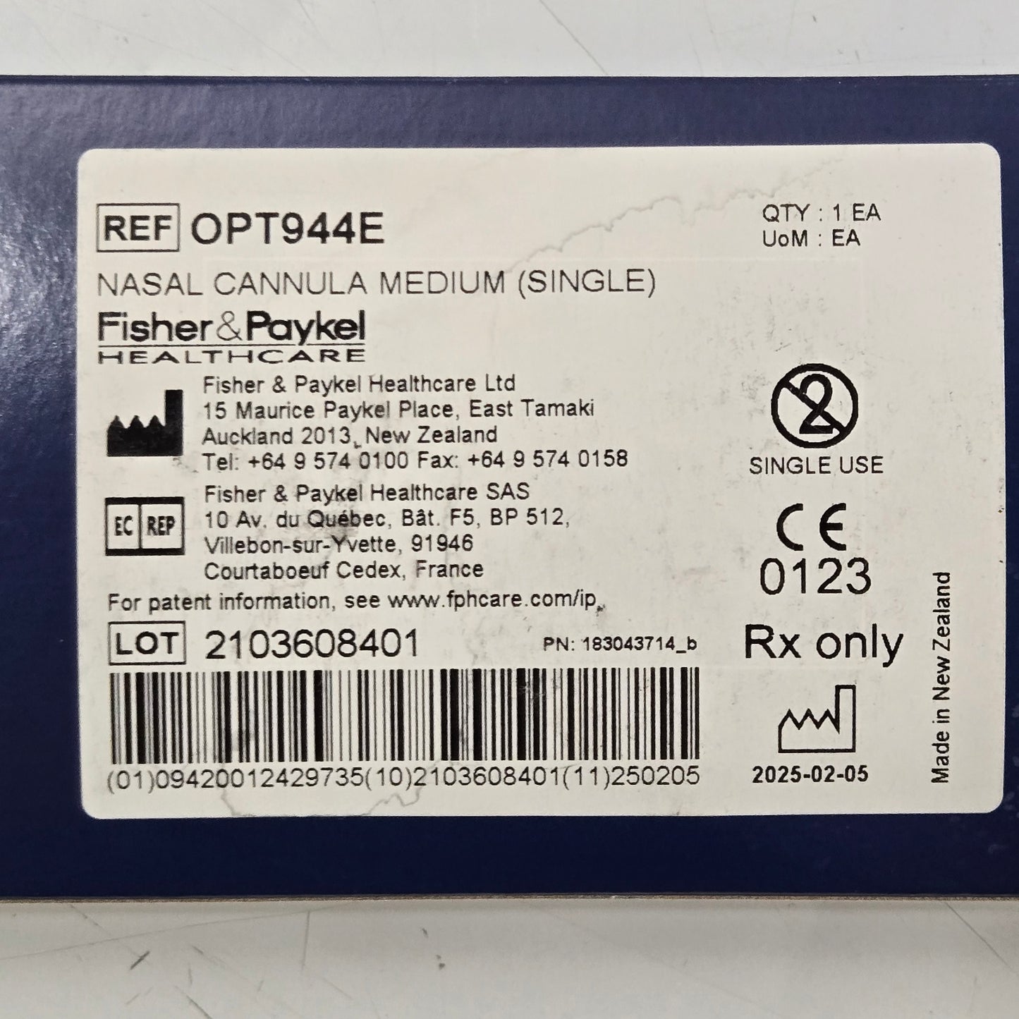 Fisher and Paykel OptiFlow Nasal Cannula MPN OPT944E Tag