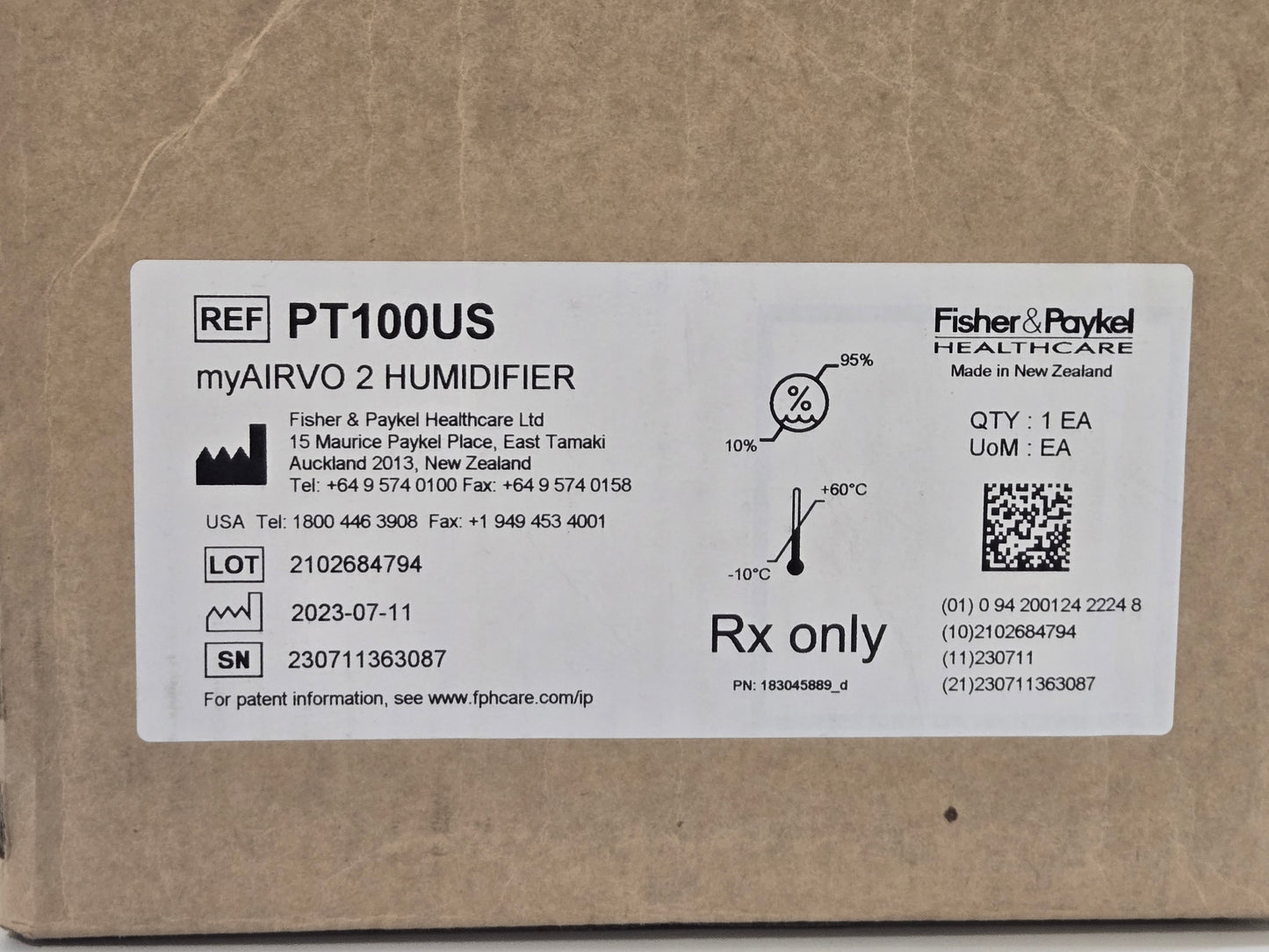 Fisher & Paykel myAirvo2 PT100US Label
