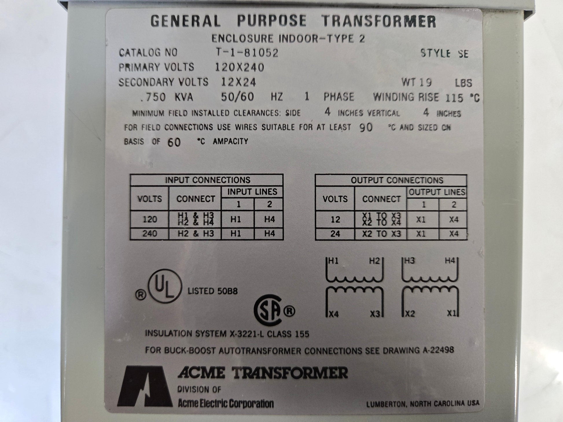 NEW Acme General Purpose Transformer 120/240 .750KVA 1 Phase 50/60Hz MFG# T-1-81052 - MBR Medicals