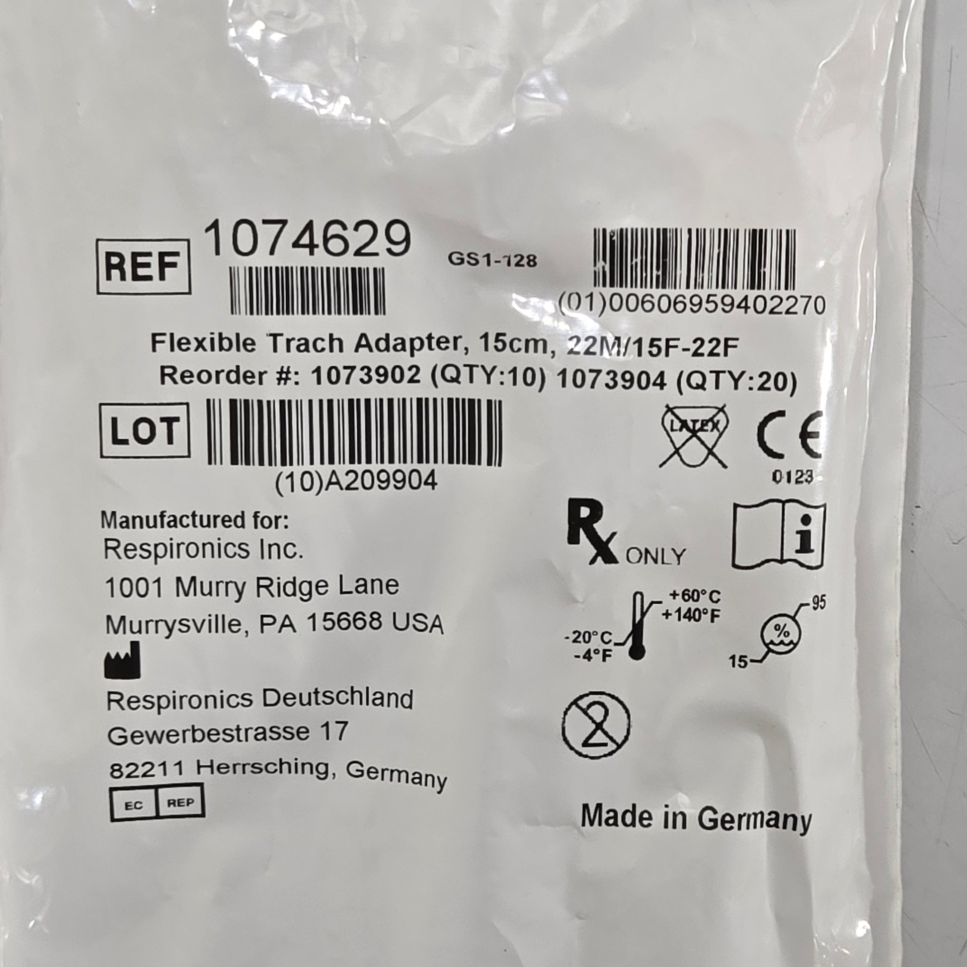 New Respironics Flexible Trach Adapter MPN 1074629 Tag