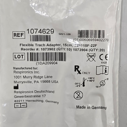 New Respironics Flexible Trach Adapter MPN 1074629 Tag
