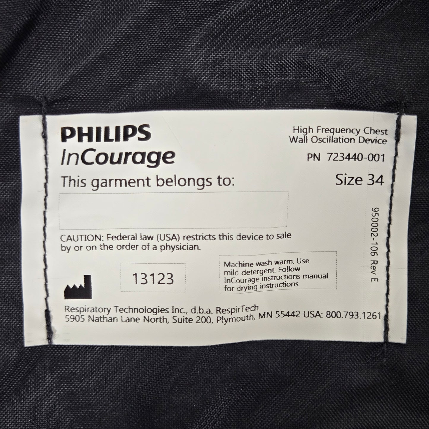 Philips Respirtech InCourage Airway Clearance System ICS-1M-US-A Vest 723440-001 Tag