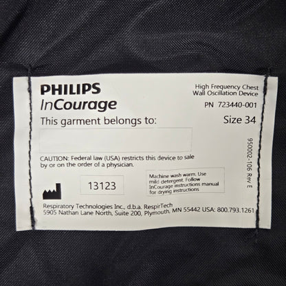 Philips Respirtech InCourage Airway Clearance System ICS-1M-US-A Vest 723440-001 Tag