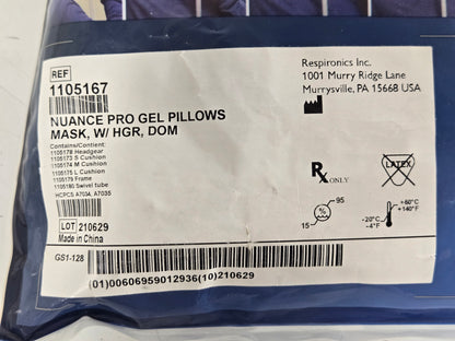 Philips Respironics Nuance Pro Gel Pillows Mask with Headgear 1105167 - New