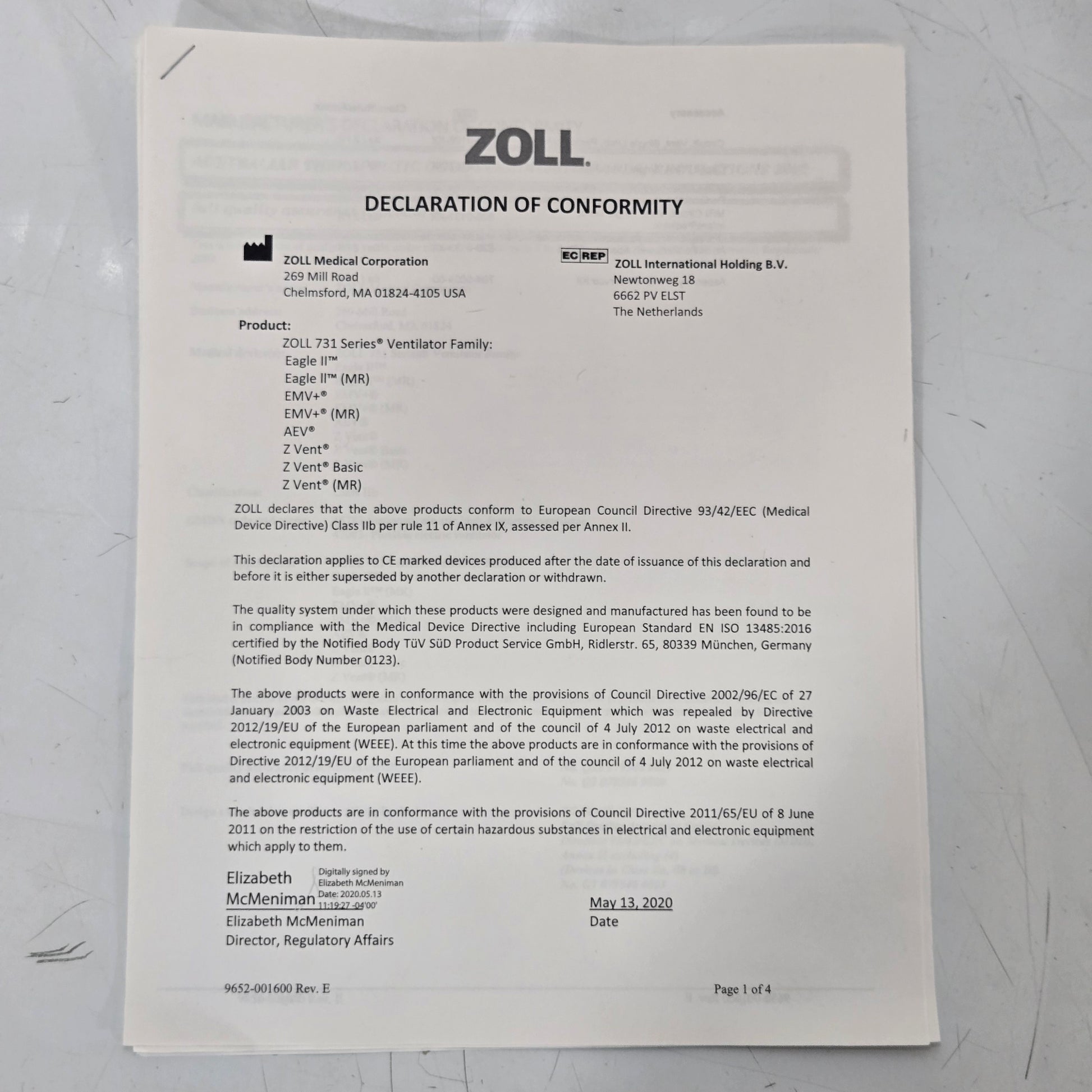 Zoll EMV 731 Ventilator Declaration