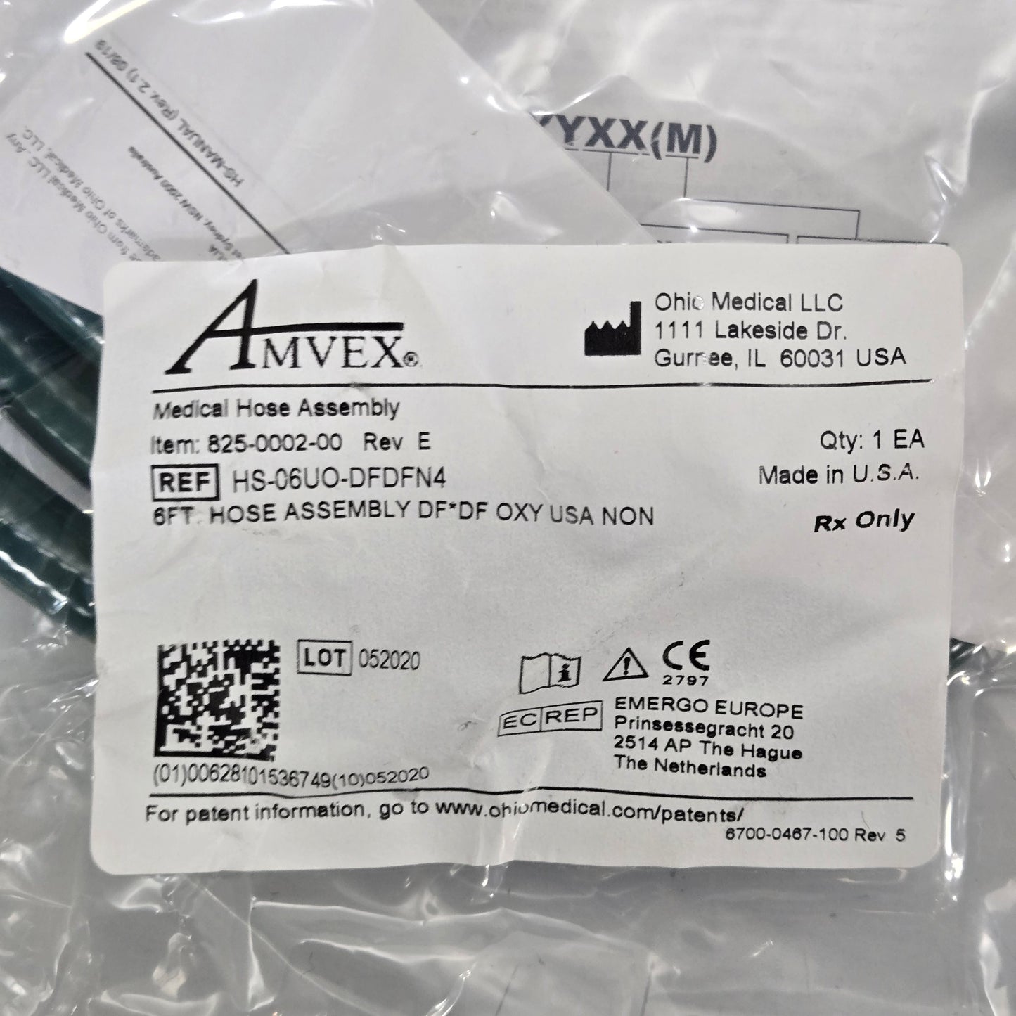 Zoll EMV 731 Ventilator Hose MPN HS-06UO-DFDFN4 Tag