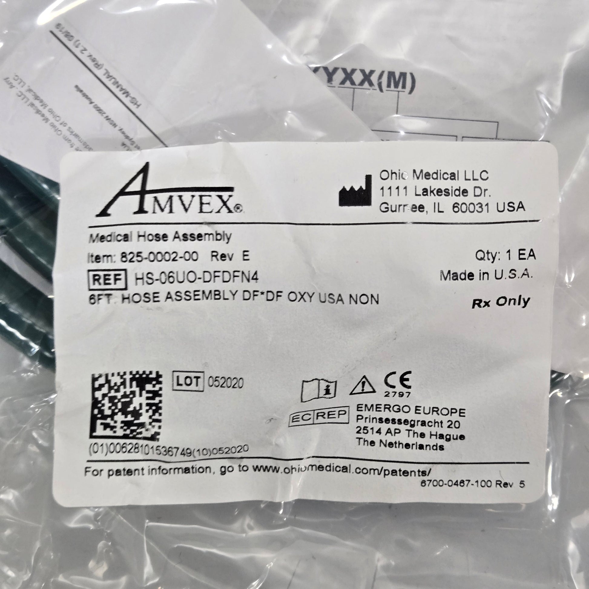 Zoll EMV 731 Ventilator Hose MPN HS-06UO-DFDFN4 Tag