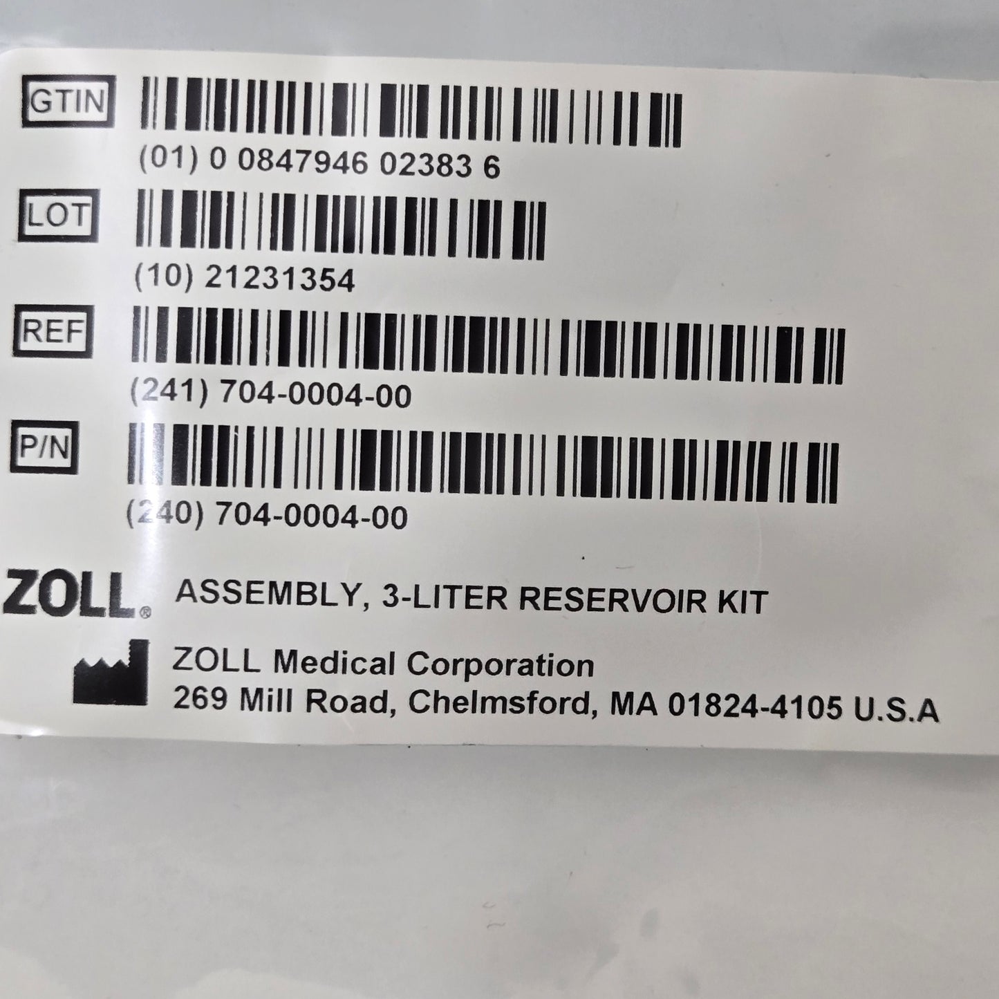 Zoll EMV 731 Ventilator Reservoir MPN 240704-0004-00 Tag