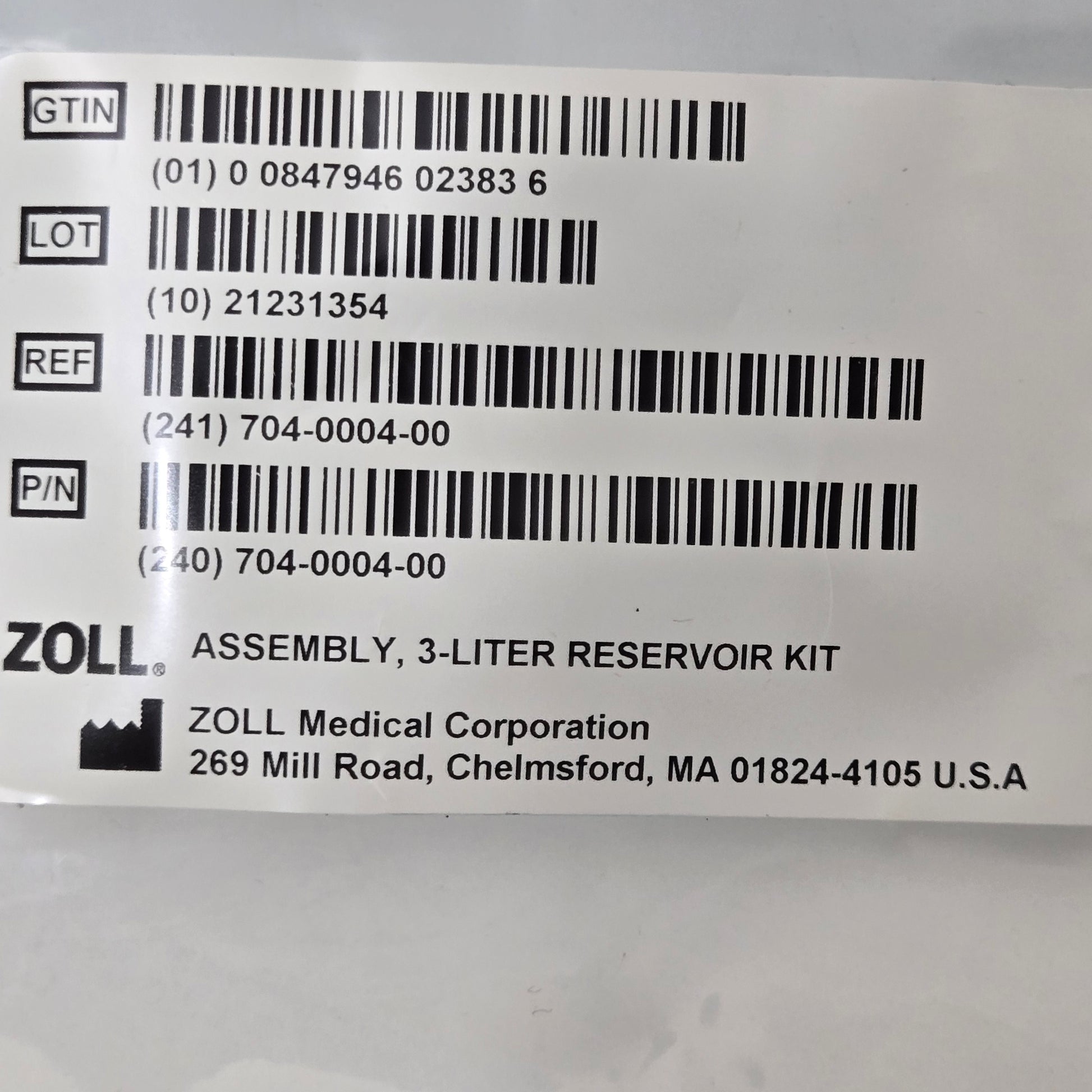 Zoll EMV 731 Ventilator Reservoir MPN 240704-0004-00 Tag