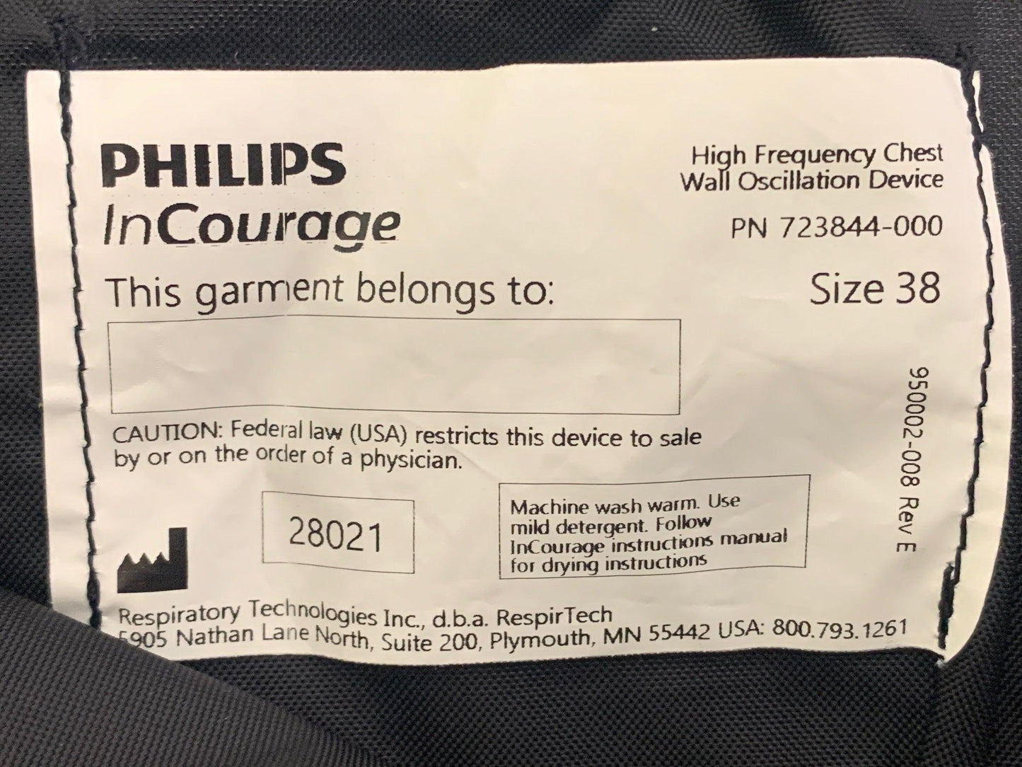 REFURBISHED REFURBISHED Philips Respirtech InCourage Airway Clearance System 270 Hours Size 38 - MBR Medicals