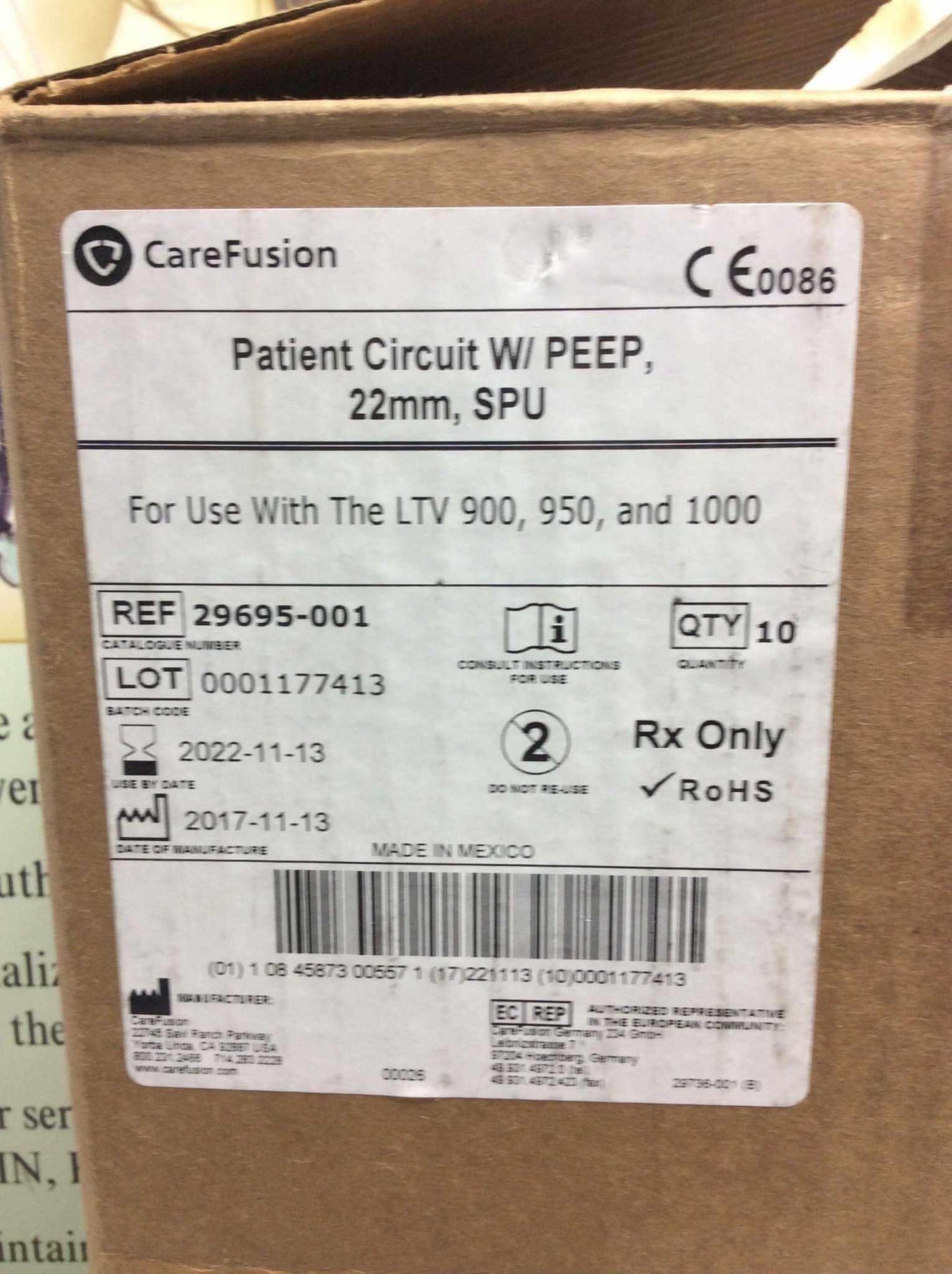 NEW 10PK CareFusion Patient Circuit with PEEP 22mm SPU 29695-001 - MBR Medicals