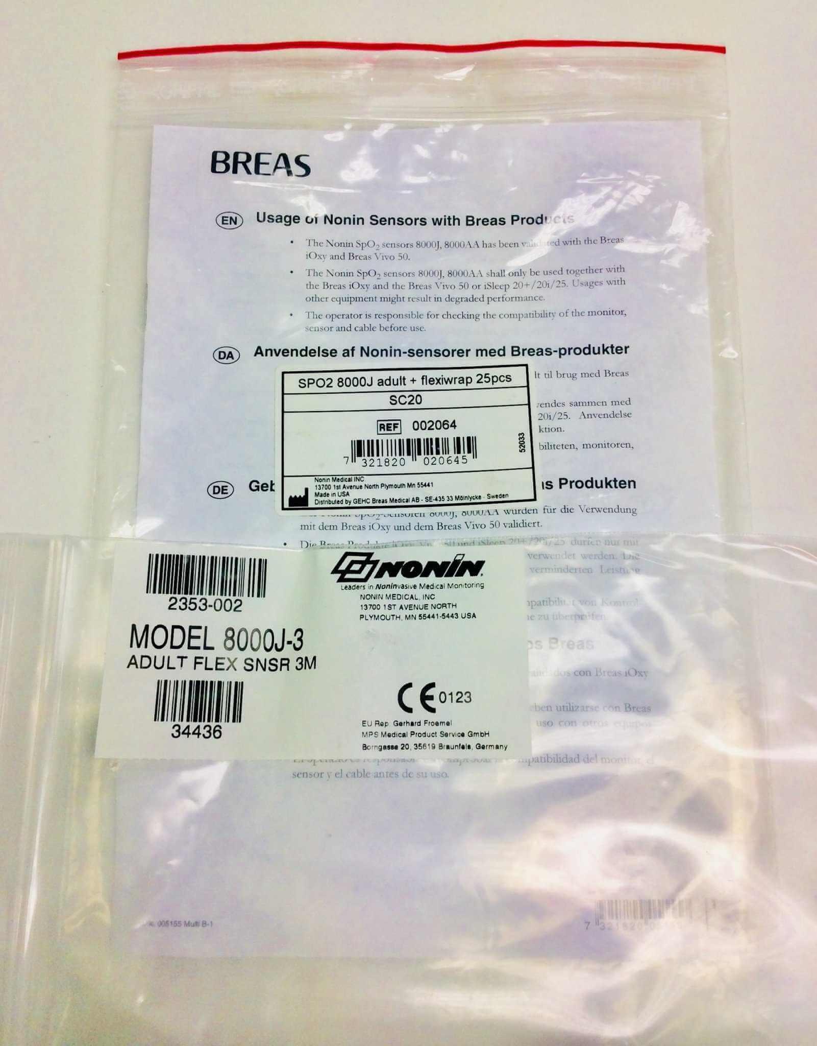 NEW Breas HDM Nonin SPO2 Adult Flex Sensor with Wraps 002064 34436 Warranty FREE Shipping - MBR Medicals