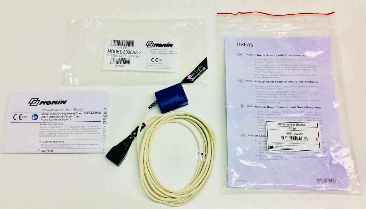 NEW Nonin Breas HDM Purelight SpO2 Adult Flex Finger Probe Sensor 002063 8000AA-3 Warranty FREE Shipping - MBR Medicals